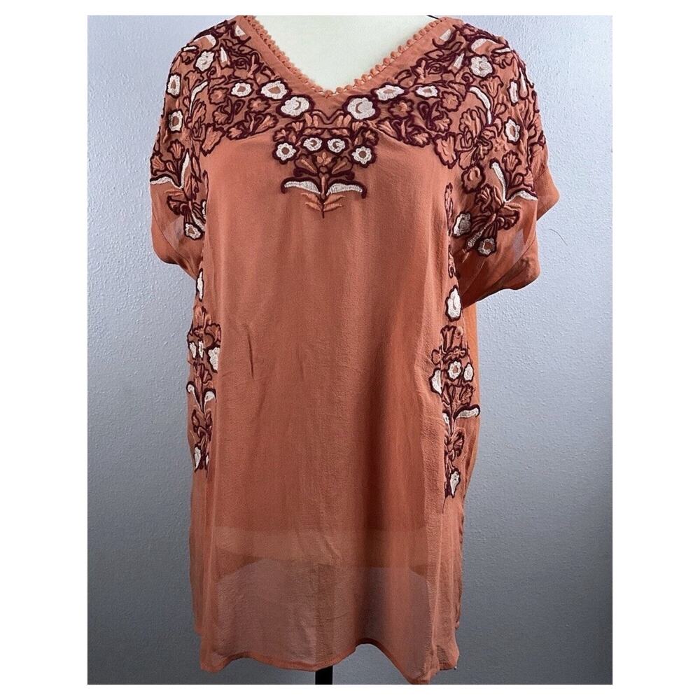 Sundance Sz M Wms Silk Embroidered Orange SS Boho Festival Colorful Lined Top - Picture 2 of 8